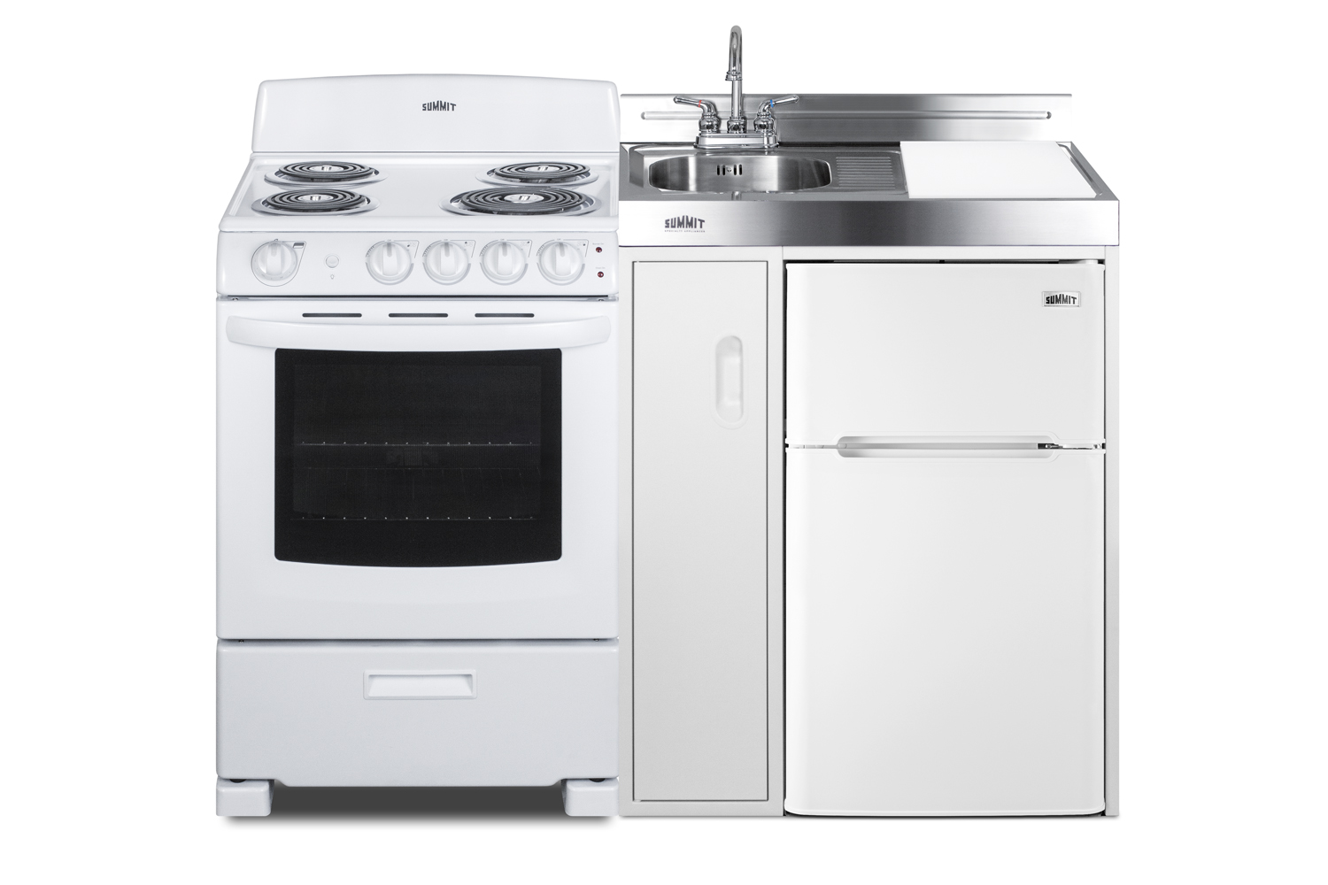 54 inch wide all-in-one kitchenette with 220V 4-element electric coil range, refrigerator-freezer, sink, cutting board and cutlery storage, and a storage cabinet